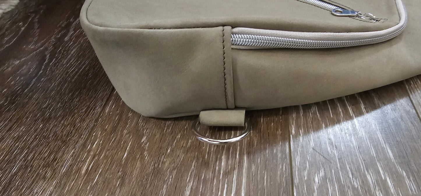 ** sale ** leather sling Moss colored. slanted front zipper