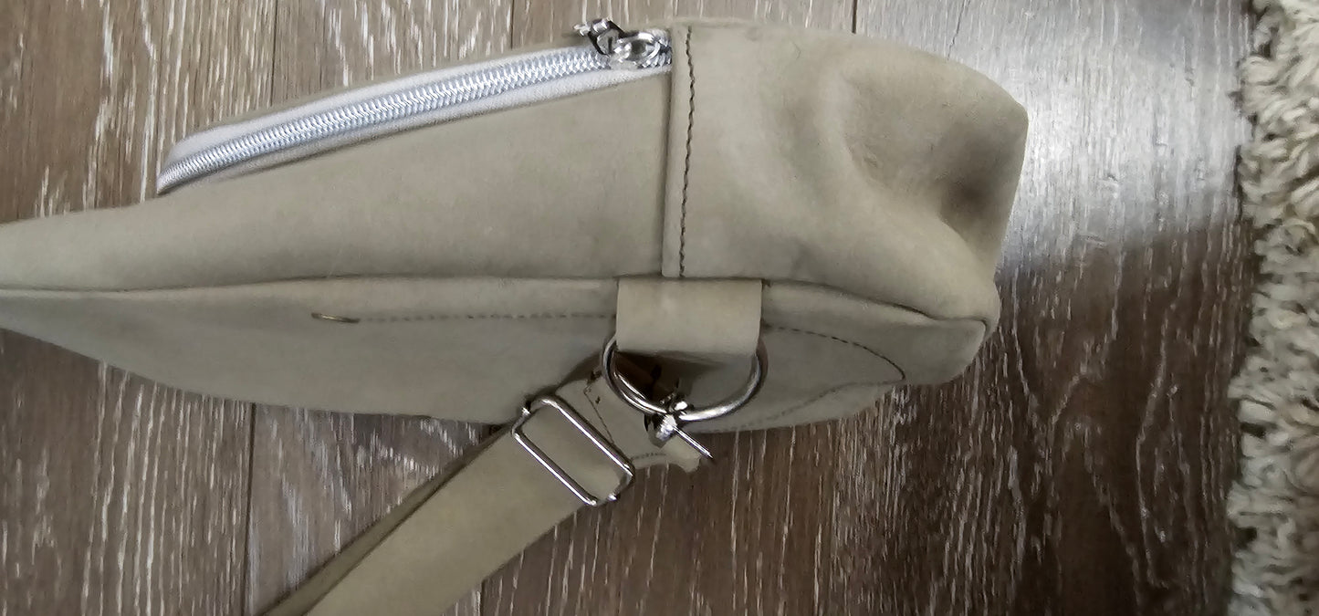 ** sale ** leather sling Moss colored. slanted front zipper