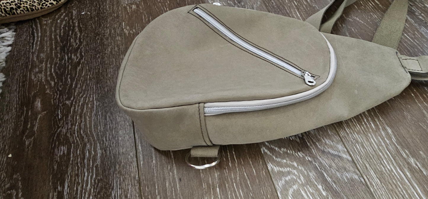 ** sale ** leather sling Moss colored. slanted front zipper