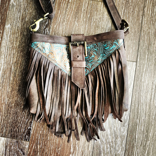 LEATHER GreenGold Fringe Bag