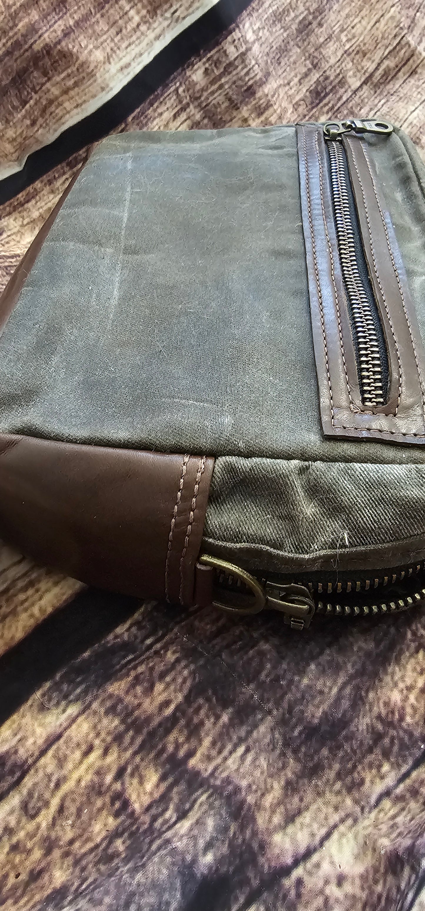 Green Canvase with Brown Leather Bible Bag